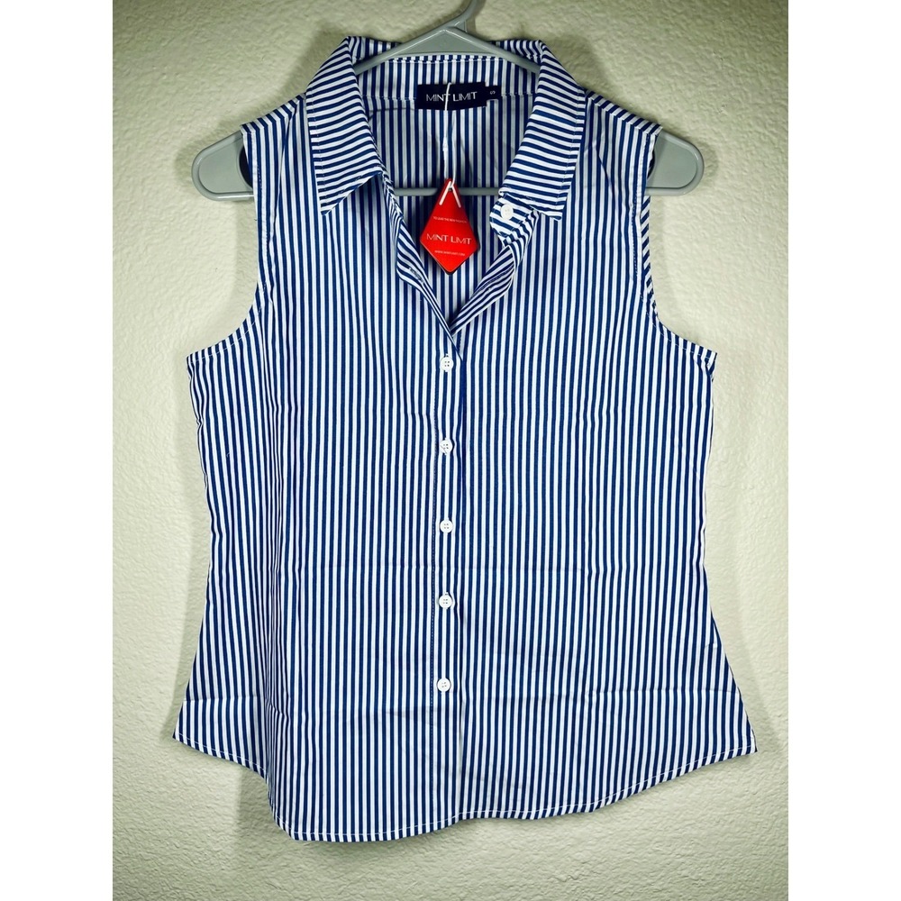 Mint Limit New Sleeveless Button Down Shirt Blue White Stripe Women's Sz Sm